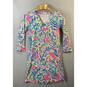 Lilly Pulitzer Dress‎ XS Multi Palm Reader Rossmore 100% Pima Roll-Tab Sleeves